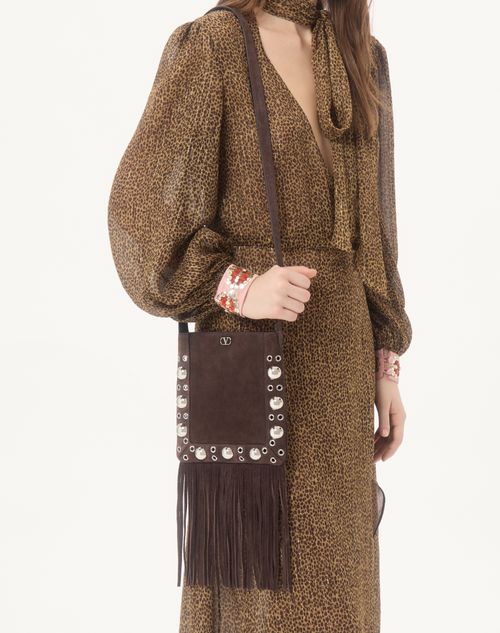 Valentino Garavani - Valentino Garavani Nellcôte Small Shoulder Bag In Suede With Fringes - Brown - Woman - Shoulder Bags